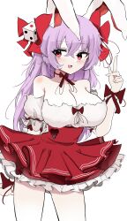  absurdres animal_ears blush bow breasts choker cleavage commentary cosplay detached_sleeves di_gi_charat dice_hair_ornament dress female frilled_dress frills hair_ornament hairbow highres index_finger_raised large_breasts long_hair looking_to_the_side open_mouth ougiikun pink_eyes purple_hair rabbit_ears rabbit_girl reisen_udongein_inaba ribbon_choker short_sleeves smile solo strapless strapless_dress touhou usada_hikaru usada_hikaru_(cosplay) wrist_bow 