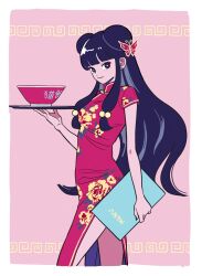  black_eyes black_hair bowl china_dress chinese_clothes commentary_request double_bun dress female floral_print hair_bun hair_ornament highres hiroko_hiyokogm holding holding_menu holding_tray long_hair looking_at_viewer menu pink_background ranma_1/2 red_dress shampoo_(ranma_1/2) side_slit sidelocks smile tray 