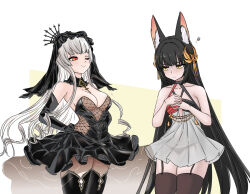  2girls ;) animal_ear_fluff animal_ears azur_lane bare_shoulders black_dress black_garter_straps black_gloves black_hair black_panties black_thighhighs black_veil blush breast_envy commentary_request cowboy_shot crown dress elbow_gloves fishnet_fabric fox_ears fox_girl garter_straps gloves hair_ornament hands_on_own_chest hands_on_own_hips highres long_hair multiple_girls nagato_(azur_lane) nagato_(meta)_(azur_lane) one_eye_closed oukama panties queen_elizabeth_(azur_lane) queen_elizabeth_(meta)_(azur_lane) red_eyes see-through_clothes see-through_dress simple_background sleeveless sleeveless_dress smile squiggle strapless strapless_dress thighhighs two-tone_bra underwear veil yellow_eyes 