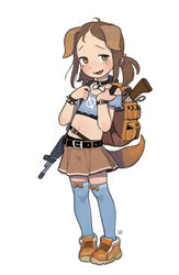  aged_down animal_ears animal_humanoid assault_rifle backpack blush bone_collar_tag bottomwear brown_eyes canid canid_humanoid canine canis clothed clothing collar crop_top domestic_dog female footwear gun hi_res humanoid knee_highs knee_socks legwear mammal mammal_humanoid midriff navel possummachine ranged_weapon rifle shirt shoes simple_background skirt socks solo tail tailed_humanoid topwear vhs_inumoto weapon weapon_on_shoulder young young_female young_humanoid 