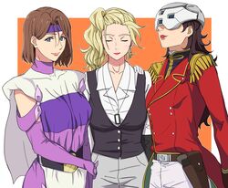  3girls absurdres birdie_wing:_golf_girls&#039;_story black_vest blonde_hair blue_eyes brown_hair closed_eyes collarbone company_connection cosplay cosplay_request covered_eyes crossover elbow_gloves eve_(birdie_wing) gloves gundam gundam_suisei_no_majo gundam_wing headband helmet highres lipstick long_hair makeup mask mature_female military military_uniform multicolored_shirt multiple_girls prospera_mercury purple_gloves purple_headband sakuraba_yumika season_connection shinobi_no_ittoki shirt signature smile sosona sunrise_(company) uniform upper_body vest wavy_hair white_shirt zechs_merquise zechs_merquise_(cosplay) 