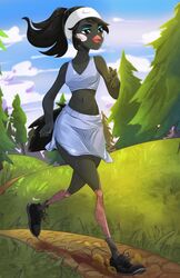  anthro avian beak biped bird clothed clothing female footwear grass hi_res jesus_y navel outside plant running shoes solo tree wide_hips 