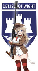  animal_ears ass_visible_through_thighs blue_eyes bow bow_panties boys_anti_tank_rifle brown_hat brown_jacket cat_ears cat_girl cat_tail commentary cowboy_shot crotch_seam emblem female flat_cap gun hat highres holding holding_gun holding_weapon isle_of_wight_detachment_group_(emblem) jacket kaneko_(novram58) light_brown_hair long_hair long_sleeves looking_at_viewer necktie no_pants open_mouth panties photoshop_(medium) red_necktie red_thighhighs shirt smile solo standing strike_witches:_katayoku_no_majo-tachi striped_clothes striped_thighhighs tail thighhighs underwear weapon white_shirt wilma_bishop world_witches_series 