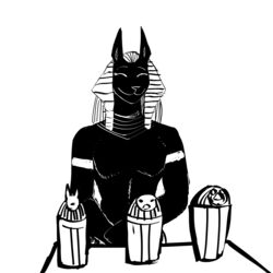  1:1 2020 anthro anubian_jackal anubis canid canine canis canopic_jar deity egyptian_mythology headdress hi_res hladilnik jackal male mammal middle_eastern_mythology monochrome mythology simple_background solo urn white_background 