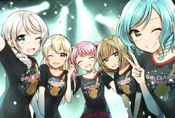  5girls ;d ^_^ aqua_eyes aqua_hair arm_up bad_id bad_twitter_id bang_dream! black_shirt blonde_hair blue_eyes bow braid brown_hair clenched_hand closed_eyes clothes_writing confetti green_eyes grin group_picture hairbow highres hikawa_hina long_hair maruyama_aya multiple_girls one_eye_closed open_mouth pastel_palettes_(bang_dream!) pink_hair print_shirt purple_eyes semikaskas shirasagi_chisato shirt short_hair short_sleeves side_braids smile stage_lights t-shirt twin_braids twintails upper_body v wakamiya_eve white_hair yamato_maya yellow_bow 