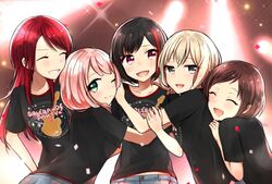  5girls :d ;) ^_^ afterglow_(bang_dream!) aoba_moca aqua_eyes bad_id bad_twitter_id bang_dream! black_hair black_shirt blush bob_cut brown_hair closed_eyes clothes_writing confetti diffraction_spikes grey_hair grin group_picture hazawa_tsugumi highres hug long_hair looking_at_viewer mitake_ran multicolored_hair multiple_girls one_eye_closed open_mouth pink_hair print_shirt purple_eyes red_hair semikaskas shirt short_hair short_sleeves smile streaked_hair t-shirt udagawa_tomoe uehara_himari upper_body 