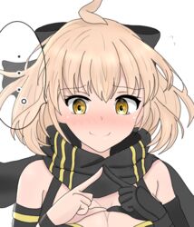  ... ahoge atsumisu bad_id bad_pixiv_id bare_shoulders black_bow black_gloves black_scarf blush bow breasts cleavage closed_mouth commentary_request fate/grand_order fate_(series) female fingers_together flying_sweatdrops gloves hair_between_eyes hairbow hands_up index_fingers_together light_brown_hair medium_breasts nervous_smile nose_blush okita_j._souji_(fate) okita_j._souji_(first_ascension)_(fate) okita_souji_(fate) orange_eyes scarf simple_background single_glove smile solo spoken_ellipsis tears upper_body wavy_mouth white_background 