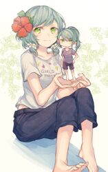  2girls alternate_hairstyle aqua_hair bang_dream! barefoot black_pants black_shorts blush_stickers capri_pants cardigan clothes_writing commentary_request floral_background flower glaring green_eyes grey_shirt hair_flower hair_ornament hair_up hand_on_own_hip hibiscus hikawa_hina hikawa_sayo holding_person mikan-uji mini_person minigirl multiple_girls no_mouth pants ponytail red_flower shirt short_sleeves short_twintails shorts siblings sisters sitting standing twins twintails white_flower white_shirt 