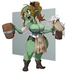  2022 absurd_res alcohol barmaid beer beverage big_breasts breasts brown_hair cleavage clothed clothing female goblin green_body green_skin hair hi_res humanoid not_furry nuclearwasabi solo thick_thighs 