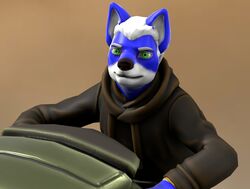  3d_(artwork) anthro blue_body blue_fur brown_clothing canid canine clothing digital_media_(artwork) drnicktcoil drnicktcoil_(character) eyebrows fox fur green_eyes hair heroforge hoodie male mammal solo topwear vehicle white_eyebrows 