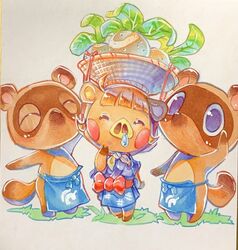  2020 animal_crossing anthro apron apron_only basket brother_(lore) brothers_(lore) brown_body brown_fur brown_markings canid canine closed_eyes clothed clothing container crayon_(artwork) daisy_mae_(animal_crossing) domestic_pig female food full-length_portrait fully_clothed fur group happy identical_twins male mammal markings mostly_nude nintendo plant portrait purple_eyes raccoon_dog rosy_cheeks runny_nose sibling_(lore) simple_background suid suina sus_(pig) tamanosuke tanuki timmy_nook tommy_nook traditional_media_(artwork) turnip twins_(lore) vegetable waist_bow white_background 