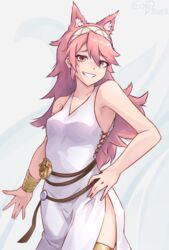  alternate_costume animal_ears artist_name bare_shoulders bracelet collarbone cosplay cowboy_shot dress eondriver female fire_emblem fire_emblem_fates fire_emblem_heroes hair_between_eyes hairband hand_on_own_hip highres jewelry long_hair looking_at_viewer lucina_(fire_emblem) lucina_(fire_emblem)_(cosplay) pink_hair sleeveless sleeveless_dress smile soleil_(fire_emblem) solo teeth white_dress wolf_ears 