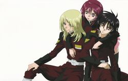  2boys ahoge arm_around_shoulder artist_request black_hair blonde_hair blue_eyes female gundam gundam_seed gundam_seed_destiny highres leaning_forward long_hair looking_at_another lunamaria_hawke military military_uniform miniskirt multiple_boys official_art pink_hair purple_eyes red_eyes rey_za_burrel shinn_asuka short_hair sitting skirt source_request thighhighs uniform 