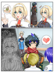  1boy 3girls absurdres aqua_eyes black_hair black_jacket black_pantyhose blonde_hair blue_dress blue_hair breasts capelet cheating_(relationship) coffee cup disposable_coffee_cup disposable_cup dress earrings edge_sainklaus food hairband heart highres irene_beclair jacket jewelry large_breasts leo_(dyuminas) low_twintails mitsuba_greyvalley miyu_incomes multicolored_hair multiple_girls necktie pantyhose petrification red_necktie red_scarf sandwich scarf scrunchie short_hair short_necktie side_ponytail spoken_heart super_robot_wars super_robot_wars_30 triangle_earrings twintails white_capelet white_hairband 