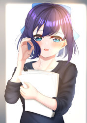  a-chan_(hololive) absurdres bad_id bad_pixiv_id binder_clip black_shirt blue_bow blue_eyes blue_hair blush bow commentary_request female hairbow highres holding holding_paper hololive long_sleeves looking_at_viewer no_eyewear open_mouth paper shirt short_hair solo t-shirt upper_body virtual_youtuber yoshiki_3821 