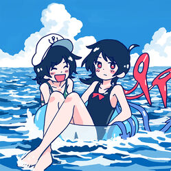  2girls anchor_print anchor_symbol asymmetrical_wings bikini black_hair black_one-piece_swimsuit blue_wings blush bra day green_bikini hat horizon houjuu_nue innertube marine_day multiple_girls murasa_minamitsu ocean one-piece_swimsuit open_mouth outdoors red_eyes red_wings sailor_hat short_hair smile swim_ring swimsuit touhou transparent underwear water wings you_taira 