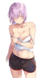  bare_arms bare_shoulders black_shorts blush breasts camisole cherim cleavage closed_eyes closed_mouth collarbone commentary_request cowboy_shot dolphin_shorts facing_viewer fate/grand_order fate_(series) female hair_over_one_eye highres large_breasts mash_kyrielight midriff navel no_bra purple_hair shirt short_hair short_shorts shorts simple_background solo standing stomach strap_slip white_background white_shirt 