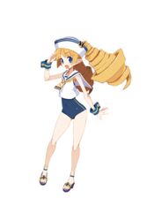  anchor_symbol archer_(disgaea) blonde_hair blue_eyes blue_one-piece_swimsuit disgaea disgaea_rpg drill_hair female full_body hat long_hair non-web_source official_art one-piece_swimsuit open_mouth pointy_ears sailor_collar sailor_hat salute sandals single_vertical_stripe sleeveless solo strappy_heels swimsuit transparent_background wrist_cuffs 