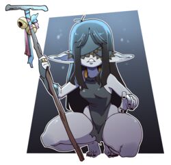  2022 absurd_res blindfold breasts crouching female goblin hair hi_res holding_object holding_staff humanoid long_hair not_furry nuclearwasabi solo staff thick_thighs 