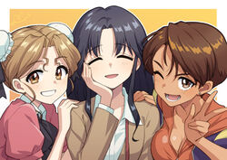  3girls black_hair blush breasts brown_eyes brown_hair bun_cover cleavage closed_eyes collarbone dark-skinned_female dark_skin double_bun earrings fujiwara_aya grin hair_bun hand_on_another&#039;s_shoulder hand_on_own_cheek hand_on_own_face hayasaka_akira heebee jewelry large_breasts long_hair long_sleeves looking_at_viewer multiple_girls one_eye_closed open_mouth parted_bangs parted_lips puffy_short_sleeves puffy_sleeves short_hair short_sleeves small_breasts smile stud_earrings super_real_mahjong teeth tongue toono_mizuki v 