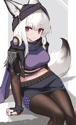  animal_ears arknights beanie black_hat black_jacket black_nails black_skirt breasts brown_gloves brown_pantyhose closed_mouth crop_top cropped_jacket ears_through_headwear elbow_gloves feet_out_of_frame female fingerless_gloves fox_ears fox_girl fox_tail frostleaf_(arknights) frostleaf_(breaking_the_ice)_(arknights) gloves grey_background hat headphones headphones_around_neck highres jacket long_hair looking_at_viewer medium_breasts midriff nail_polish navel open_clothes open_jacket pantyhose red_eyes short_sleeves sidelocks sitting skirt solo tail two-tone_background white_background white_hair yki 