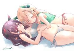  2girls azur_lane bandeau bare_shoulders bikini black_hair blush breasts brown_hair closed_eyes commentary_request grabbing grabbing_another&#039;s_breast green_shirt hand_under_clothes hand_under_swimsuit highres horns kuroshio_(azur_lane) long_hair lying multiple_girls oyashio_(azur_lane) pointy_ears shinkuro_sanagi shirt side-tie_bikini_bottom signature small_breasts smile swimsuit yuri 