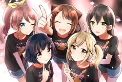  5girls :d ;) ^_^ bad_id bad_twitter_id bang_dream! black_shirt blonde_hair blue_eyes brown_eyes brown_hair closed_eyes clothes_writing cone_hair_bun denim denim_shorts diffraction_spikes green_eyes group_picture hair_bun hair_ornament hairpin hanazono_tae hand_on_another&#039;s_shoulder highres ichigaya_arisa index_finger_raised long_hair looking_at_viewer multiple_girls one_eye_closed open_mouth ponytail poppin&#039;party print_shirt semikaskas shirt short_hair short_sleeves shorts sidelocks smile star_(symbol) star_hair_ornament t-shirt toyama_kasumi twintails ushigome_rimi x_hair_ornament yamabuki_saya 