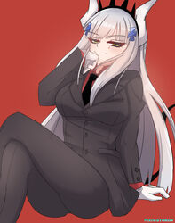  blunt_bangs breasts commentary cosplay crossed_legs crossover demon_girl demon_horns demon_tail female formal girls&#039;_frontline green_eyes helltaker highres hk416_(girls&#039;_frontline) horns large_breasts long_hair lucifer_(helltaker) lucifer_(helltaker)_(cosplay) sidelocks sitting solo stukov suit tail tiara very_long_hair white_hair 