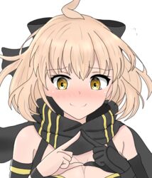  ahoge atsumisu bad_id bad_pixiv_id bare_shoulders black_bow black_gloves black_scarf blush bow breasts cleavage closed_mouth fate/grand_order fate_(series) female fingers_together flying_sweatdrops gloves hair_between_eyes hairbow hands_up index_fingers_together light_brown_hair medium_breasts nervous_smile nose_blush okita_j._souji_(fate) okita_j._souji_(first_ascension)_(fate) okita_souji_(fate) orange_eyes scarf simple_background single_glove smile solo tears upper_body wavy_mouth white_background 