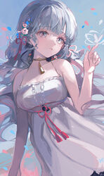  bare_shoulders blue_eyes blue_hair blunt_bangs blush breasts bug butterfly collar dress female flower genshin_impact hair_flower hair_ornament hair_ribbon hyatsu kamisato_ayaka light_blue_hair long_hair looking_at_viewer medium_breasts petals red_ribbon ribbon solo sundress white_dress 