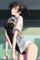  amagami black_bow black_bowtie black_hair black_ribbon blush bonnie_(rsg) bow bowtie breasts brown_sweater_vest cleavage clothes_lift commentary competition_swimsuit covered_nipples cowboy_shot dress_shirt female groin half-closed_eyes leaning_forward looking_at_viewer medium_breasts medium_hair one-piece_swimsuit open_clothes open_shirt parted_lips ponytail poolside railing raised_eyebrows ribbon see-through shirt solo sweater sweater_lift sweater_vest swept_bangs swimsuit swimsuit_under_clothes tsukahara_hibiki unbuttoned wet wet_clothes 