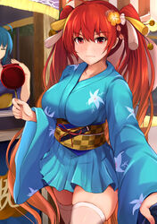  2girls ahoge alternate_costume azur_lane blue_kimono blush booth_seating breasts candy_apple closed_mouth collarbone commentary fanning_self festival food frown gradient_hair hair_ornament highres honolulu_(among_the_stalls)_(azur_lane) honolulu_(azur_lane) japanese_clothes kanzaki_kureha kimono large_breasts long_hair long_sleeves looking_at_viewer multicolored_hair multiple_girls obi official_alternate_costume outdoors red_eyes red_hair sash short_kimono sidelocks st._louis_(azur_lane) summer_festival thighhighs twintails very_long_hair white_thighhighs wide_sleeves yukata 