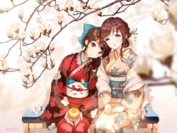  2girls ancotaku ball bench blue_bow blue_eyes blurry blurry_foreground bow branch brown_eyes brown_hair brown_kimono closed_mouth commentary_request depth_of_field floral_print flower hair_flower hair_ornament hairbow head_on_another&#039;s_shoulder holding holding_ball japanese_clothes kimono leaning_on_person long_sleeves magnolia multiple_girls obi on_bench original parted_lips print_kimono red_kimono sash signature sitting smile temari_ball white_flower wide_sleeves 