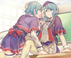  2girls aqua_hair bang_dream! blue_jacket blue_neckwear blue_skirt bow bowtie center_frills chalkboard classroom commentary_request day earrings frills green_eyes hair_ornament hairpin hat hikawa_hina hikawa_sayo incest indoors jacket jewelry licking_lips long_hair long_sleeves looking_at_another mikan-uji mortarboard multiple_girls neck_ribbon ribbon shirt short_hair short_sleeves siblings sisters sitting skirt striped_bow striped_bowtie striped_clothes tassel thighhighs tongue tongue_out twincest twins white_shirt yellow_legwear yuri 