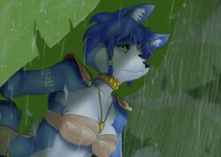  anthro armor blue_body blue_fur blue_hair bottomwear canid canine choker clothing female fox fur green_eyes hair jewelry krystal_(star_fox) leaf loincloth looking_up mammal nahadon necklace nintendo plant raining solo star_fox 