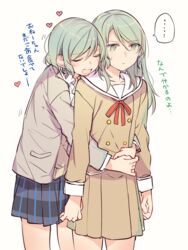  ... 2girls :| bang_dream! black_skirt blazer blush brown_dress buttons closed_eyes closed_mouth commentary_request double-breasted dress frown green_eyes green_hair grey_jacket hanasakigawa_school_uniform haneoka_school_uniform head_on_another&#039;s_shoulder heart hikawa_hina hikawa_sayo hug hug_from_behind jacket long_sleeves mikan-uji miniskirt multiple_girls neck_ribbon open_mouth plaid plaid_skirt pleated_skirt red_ribbon ribbon sailor_dress school_uniform siblings simple_background sisters skirt spoken_ellipsis translated twins u_u white_background 