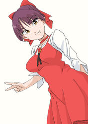  bow breasts cat_girl choker closed_mouth commentary_request dress female gegege_no_kitarou hairbow looking_at_viewer mizu_kane nekomusume nekomusume_(gegege_no_kitarou_6) pointy_ears purple_hair red_bow red_dress short_hair simple_background solo white_background yellow_eyes 