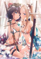  2girls abigail_williams_(fate) bad_id bad_twitter_id bare_shoulders bikini black_bow black_choker blonde_hair blue_eyes blurry blurry_foreground bow breasts calligraphy_brush choker closed_mouth commentary dangmill depth_of_field fate/grand_order fate_(series) floral_print flower hair_flower hair_ornament hairbow hand_on_another&#039;s_thigh highres holding holding_paintbrush holding_sheath katana katsushika_hokusai_(fate) katsushika_hokusai_(swimsuit_saber)_(fate) key long_hair looking_at_viewer multiple_girls navel paintbrush polka_dot polka_dot_bikini polka_dot_bow seiza sheath sheathed shoes sitting small_breasts stuffed_animal stuffed_toy swimsuit sword symbol-only_commentary teddy_bear twintails weapon white_bikini white_flower 