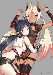  2girls absurdres ahoge apocalypse_ravi_(epic_seven) arched_back arms_up back backless_dress backless_outfit bare_shoulders black_dress black_hair black_thighhighs breasts dark_skin dress elbow_gloves epic_seven facial_mark forehead_mark from_behind garter_straps gloves gold_trim grey_background highres horns long_hair looking_at_viewer looking_back medium_breasts multiple_girls no_bra parted_lips pelvic_curtain pointy_ears ravi_(epic_seven) sarashi short_dress sideboob simple_background sleeveless sleeveless_dress thigh_strap thighhighs thighs twintails twomoon very_long_hair white_gloves white_hair 