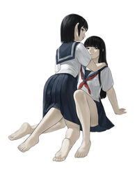  2girls absurdres barefoot black_eyes black_hair black_skirt blunt_bangs blurry commentary_request crying crying_with_eyes_open feet highres kazukida knee_up looking_back mole mole_under_eye multiple_girls neckerchief original partial_commentary pleated_skirt pocket red_neckerchief sailor_collar school_uniform serafuku shirt short_sleeves simple_background skirt soles tears thighs toes white_background white_shirt yuri 