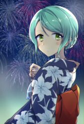  aerial_fireworks aqua_hair bad_id bad_twitter_id bag bagged_fish bang_dream! blue_kimono blush expressionless female fireworks fish floral_print from_side green_eyes hair_up hikawa_sayo japanese_clothes kimono lily_print looking_back night obi sash semikaskas solo summer_festival upper_body 