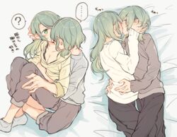  ... 2girls ? alternate_hairstyle ankle_socks bang_dream! bed_sheet black_pants blush breasts cleavage closed_eyes commentary_request cuddling green_eyes green_hair grey_pants grey_shirt hikawa_hina hikawa_sayo incest kissing long_hair long_sleeves lying mikan-uji multiple_girls on_side pants shirt short_hair siblings sisters sitting sitting_on_person socks spoken_ellipsis spoken_question_mark sweatdrop translation_request twincest twins twintails white_shirt yellow_shirt yuri 