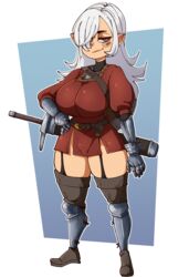  2022 absurd_res big_breasts breasts clothing female garter_straps hair hair_over_eye hand_on_hip hi_res humanoid legwear melee_weapon not_furry nuclearwasabi one_eye_obstructed solo sword thigh_highs weapon 