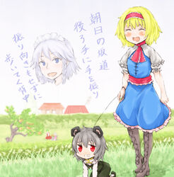  6+girls :d alice_margatroid animal_ears blonde_hair blue_dress blue_eyes blush boots braid brown_footwear capelet closed_eyes commentary_request cookie_(touhou) cross-laced_footwear crystal dress fake_nyon_(cookie) frilled_necktie frilled_sash full_body genpatsu_(cookie) grass green_nails grey_hair grey_skirt grey_vest grin haiperion_buzan hair_between_eyes hairband house ichigo_(cookie) izayoi_sakuya jewelry kazami_yuuka lace-up_boots leash long_sleeves looking_at_viewer macota_(cookie) mouse_ears mouse_girl multiple_girls nazrin necktie nyon_(cookie) open_mouth pendant red_eyes red_hairband red_necktie red_sash sash shirt short_hair skirt smile touhou translation_request tree tsurikichi_obasan twin_braids vest white_capelet white_shirt 