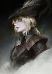  absurdres ascot blonde_hair blood bloodborne blue_eyes cape faux_traditional_media female hat hat_feather highres lady_maria_of_the_astral_clocktower lips long_hair ponytail simple_background solo thedurianart tricorne upper_body white_hair 