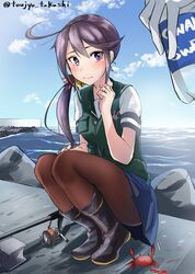  1other absurdres akebono_(kancolle) akebono_(saury_festival)_(kancolle) bell black_pantyhose blue_skirt blue_sky bottle cloud commentary_request crab day dock female fishing_rod flower full_body grey_vest hair_bell hair_flower hair_ornament highres jewelry jingle_bell kantai_collection long_hair official_alternate_costume one-hour_drawing_challenge outdoors pantyhose pleated_skirt purple_eyes purple_hair ring school_uniform serafuku short_sleeves side_ponytail skirt sky solo_focus squatting tetrapod toujo_tsukushi very_long_hair vest wedding_ring 