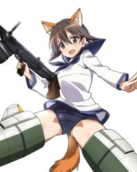  animal_ears blouse blue_neckerchief blue_one-piece_swimsuit brown_hair commentary crotch_seam dog_ears dog_girl dog_tail female flying gun highres holding holding_gun holding_weapon kaneko_(novram58) looking_at_viewer miyafuji_yoshika neckerchief no_pants one-piece_swimsuit open_mouth school_uniform serafuku shirt short_hair simple_background solo spread_legs strike_witches striker_unit sweatdrop swimsuit swimsuit_under_clothes tail trigger_discipline type_99_cannon weapon white_background white_shirt world_witches_series 