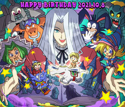  2girls 3boys :d ancient_gear_golem black_ribbon book commentary dark_magician_girl dark_rabbit dated duel_monster flying_elephant_(yu-gi-oh!) garnecia_elefantis green_eyes green_hair grey_hair hair_over_one_eye happy_birthday jacket keith_howard long_sleeves looking_down manga_ryu_ran multiple_boys multiple_girls nanano_thunder neck_ribbon open_mouth pegasus_j_crawford red_jacket ribbon shirt smile star_(symbol) teeth tom_(yu-gi-oh!) tongue toon_ancient_gear_golem toon_dark_magician_girl toon_mermaid toon_summoned_skull toon_world twitter_username upper_teeth_only white_shirt yu-gi-oh! yu-gi-oh!_duel_monsters 