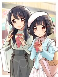  2girls :o bad_id bad_twitter_id bag bang_dream! beret black_hair black_skirt blue_cardigan bow brown_eyes cardigan commentary_request crepe food food_on_face hair_flaps hairbow hat holding index_finger_raised long_hair long_sleeves looking_at_viewer multiple_girls polka_dot polka_dot_skirt semikaskas shirt shopping_bag short_hair shoulder_bag siblings sisters skirt ushigome_rimi ushigome_yuri white_headwear white_shirt 