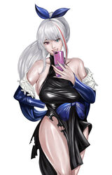  absurdres bare_shoulders black_dress blue_eyes breasts collarbone detached_sleeves dress evening_gown female gcg girls&#039;_frontline grin heterochromia highres huge_breasts lips long_hair mdr_(cocktail_observer)_(girls&#039;_frontline) mdr_(girls&#039;_frontline) multicolored_hair photoshop_(medium) pink_eyes ponytail sidelocks skindentation smile solo streaked_hair teeth thick_thighs thighs torn_clothes 